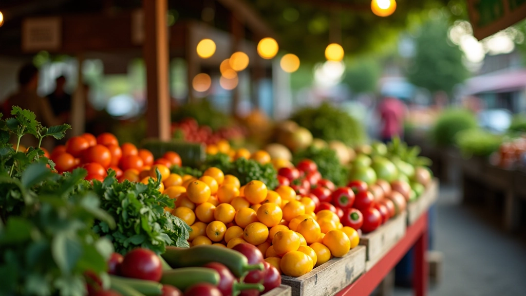 Farmer's Market Stand mit frischem Gemüse und Bio-Produkten, nachhaltiger Einkauf