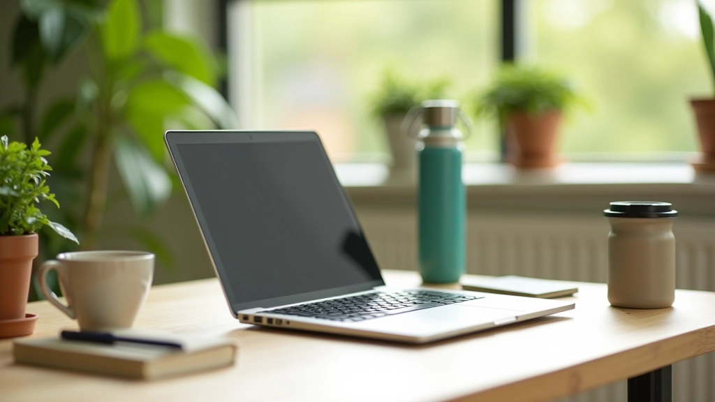 Nachhaltige Geldanlage: Laptop auf Holztisch mit Pflanze, Notizbuch und Kaffee in grüner Umgebung