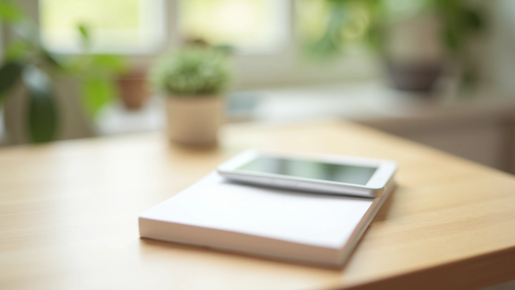 Schreibtisch mit Tagebuch, Stift und Smartphone, minimalistisches Setup, natürliches Licht von Fenster