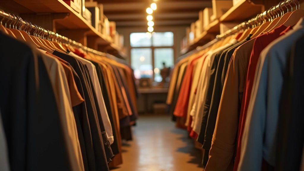 Offener Second-Hand-Laden mit Kleidung auf Bügeln und Regalen, warmes Licht, Vintage-Atmosphäre, scharfer Fokus