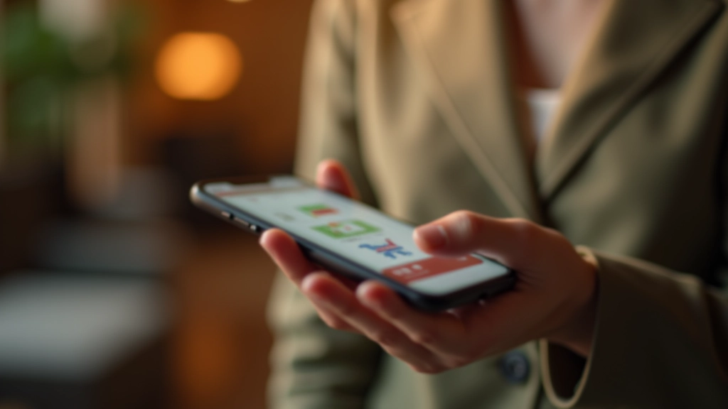 Nahaufnahme eines Smartphones mit Einkaufsapp, Hand schwebt über dem Bildschirm, warm beleuchteter Hintergrund