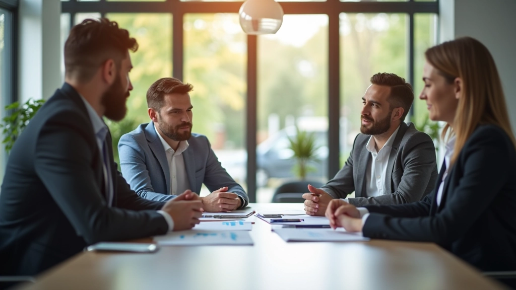 Team-Gespräch in modernem Finanzberatungsbüro mit strategischen Diskussionen und Datenvisualisierungen