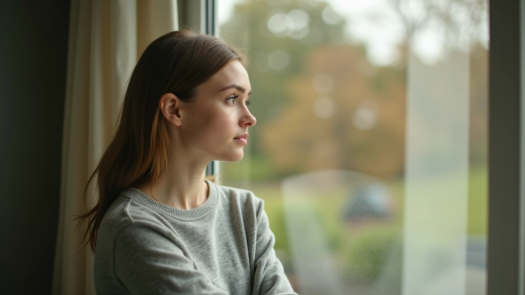 Person schaut aus dem Fenster in die Natur, ohne Smartphone, nachdenklich, entspannt