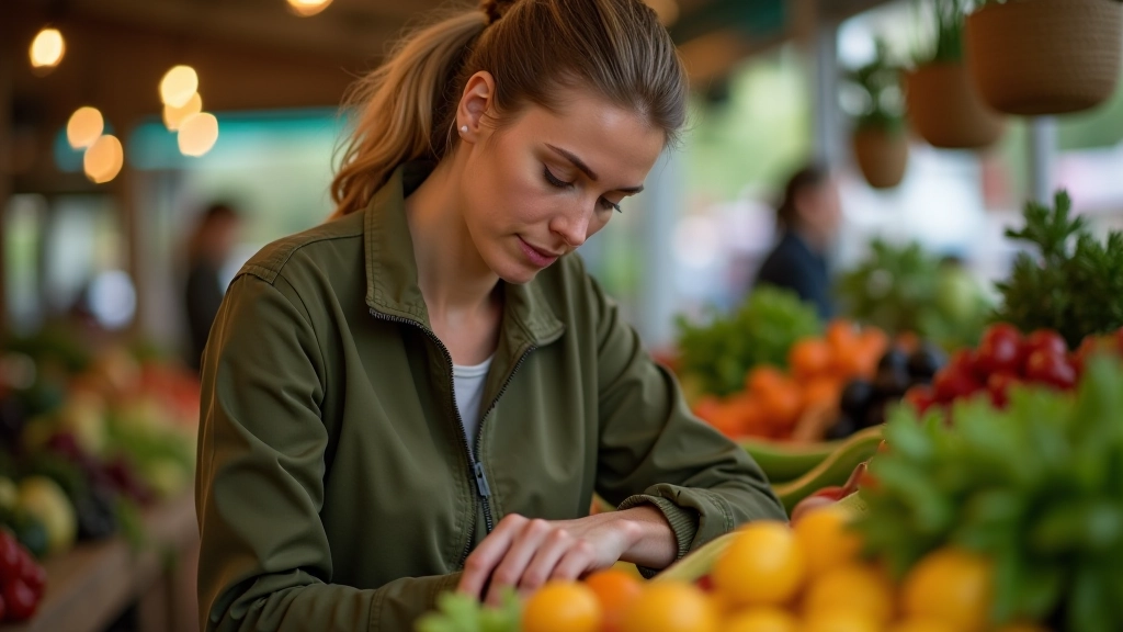 Person beim Einkaufen auf Wochenmarkt, hält Gemüse und prüft Preise, natürliche Beleuchtung, seitliche Ansicht